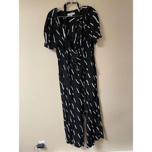 Loft Women’s Medium Black White Short Sleeve Jumpsuit Wrap Tied